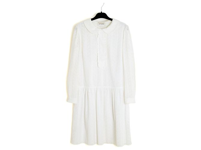 Saint Laurent 2014 Spitzenkleid FR42 Slimane Weiß Baumwolle Spitze UK14 US12