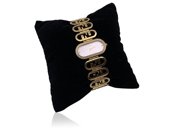 Fendi Relógio de aço inoxidável dourado com diamantes O'Lock horizontal