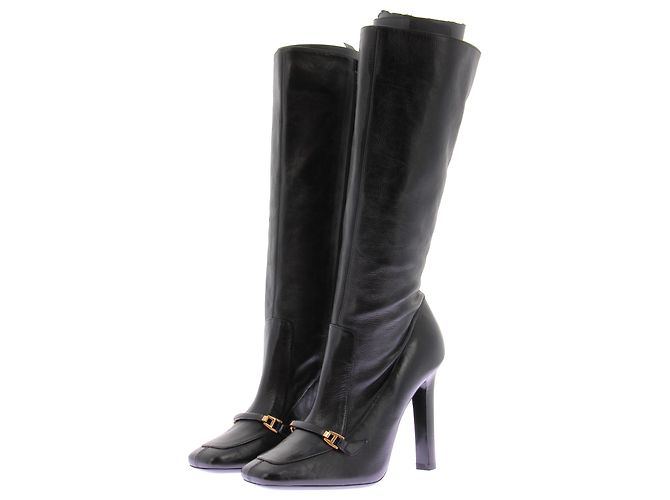 Saint Laurent Botas altas de couro preto com detalhes em ouro