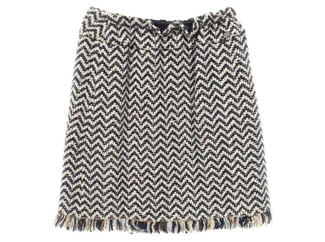 Timeless Chanel Woll-Nylon-Rock Braun Weiß Blau Marineblau