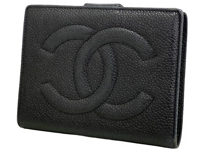 Timeless Billetera bi-fold de piel de ternera granulada negra Chanel Negro