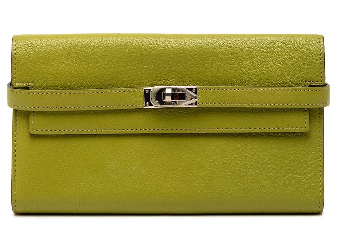 Cartera Larga Kelly en Cabra Mysore Verde Hermès Verde oliva