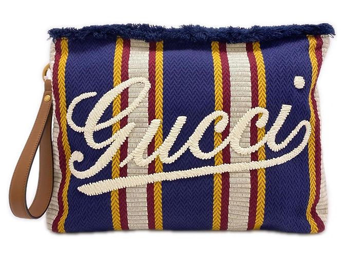 GUCCI Embroidered Canvas Large Pouch Multiple colors Navy blue