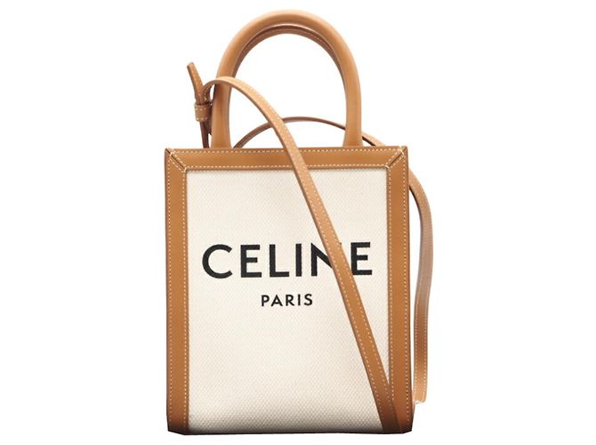 Céline Sac à main cabas vertical mini en toile Celine Marron Blanc