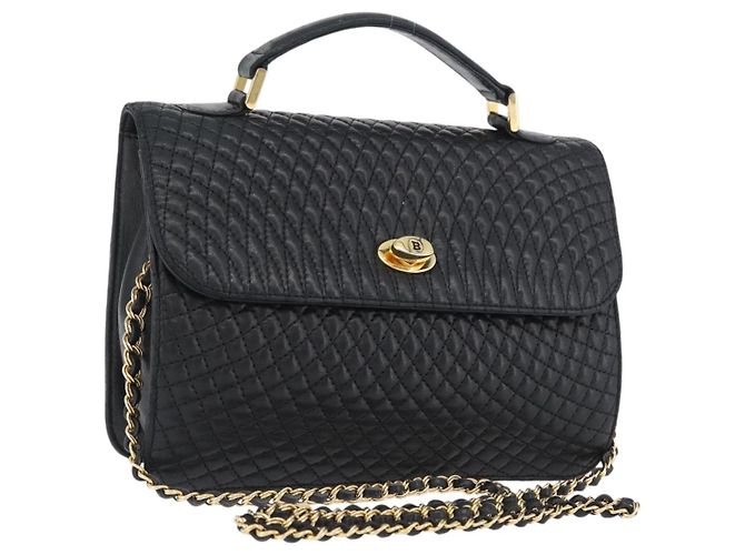 BALLY Bolsa de Ombro Matelassada em Couro 2 em 1 Preto Dourado Auth BA11038