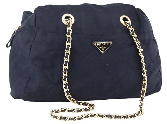 Borsa a Spalla con Catena Prada in Nylon Blu Navy e Oro Auth bs33521 D'oro