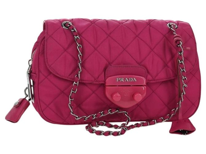 PRADA Bolsa de Ombro com Corrente Nylon Rosa Prata Auth 165354V