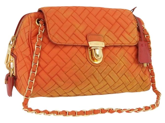 PRADA Bolsa de Ombro Matelassê com Corrente Nylon Laranja Dourado Auth BA11028