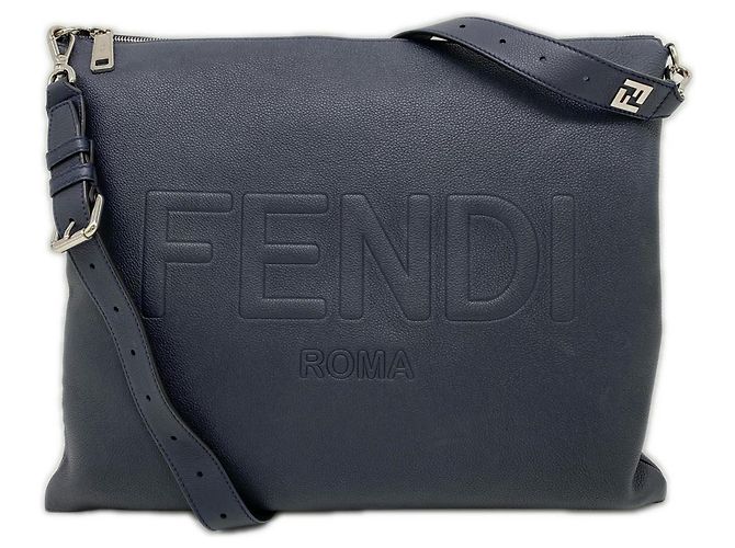Fendi Leather Logo Shoulder Bag Brown Navy blue