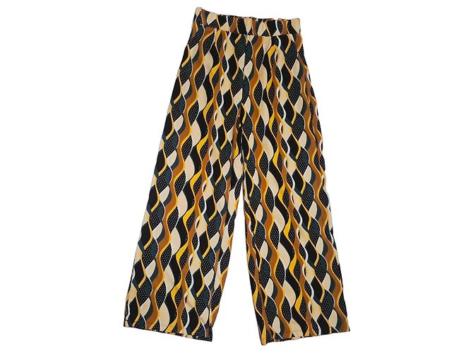 Autre Marque Calças palazzo estampadas Marrom Preto Multicor Cru Amarelo Verde escuro