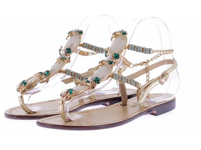 Autre Marque CR DA COSTANZO Jewel and Stone Leather Sandals Brown
