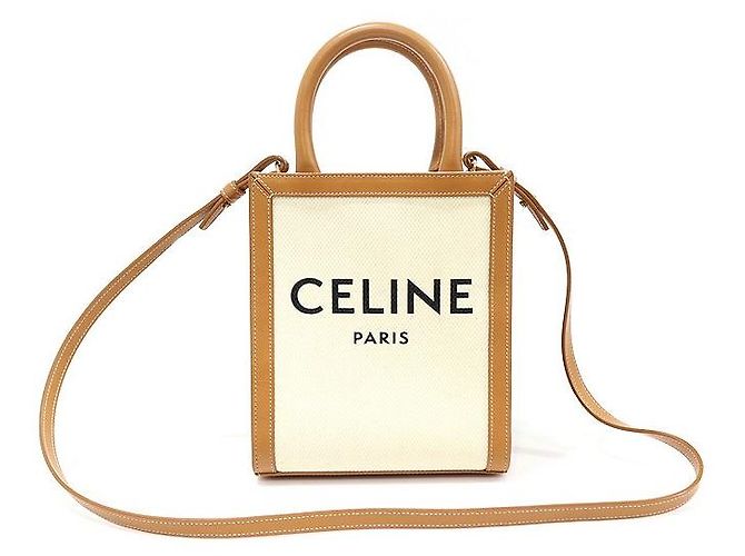 Céline Cabas Mini Vertical em Couro de Bezerro Tan em Lona de Algodão Natural Marrom