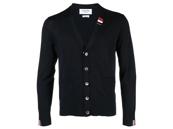 Thom Browne Striped V-Neck Merino Wool Cardigan Navy Blue
