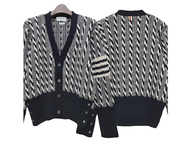 Thom Browne Diagonal Strap Douni Wool Bi-Color Cable Cardigan Blue