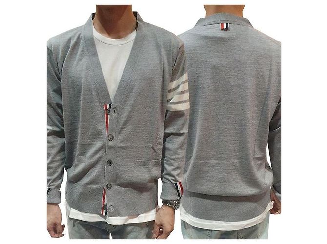 Thom Browne Merinowoll-Cardigan mit diagonalen Streifen in Hellgrau Braun