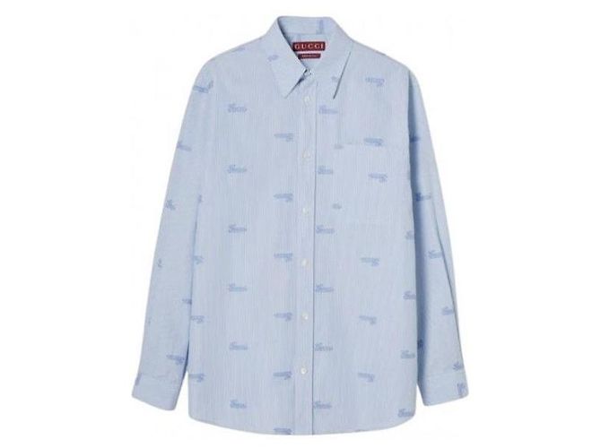 Gucci Camisa de algodón con rayas bordadas Azul