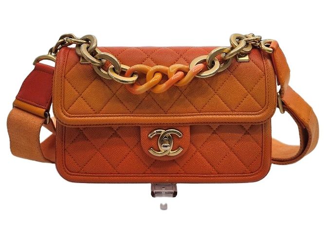 Chanel Bolsa tote pequena cruzada gradiente Caviar Sunset Laranja