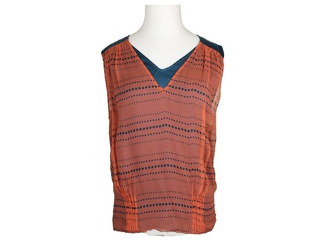 Top sem mangas de seda teal com bolinhas laranja de Dries Van Noten Azul