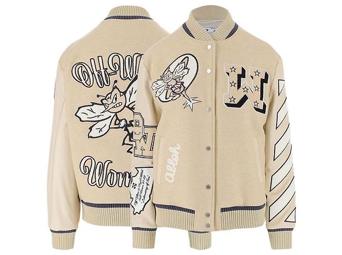 Off White Multi Applique Patch Bomber Brown