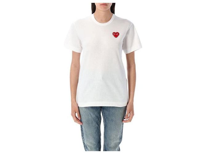 Comme Des Garcons Kurzarm-T-Shirt mit Strass-Herz-Patch AX Weiß
