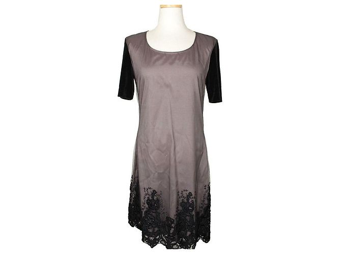 Alexander Mcqueen Beige-schwarzes Netzspitzenkleid mit Samtbesatz Braun