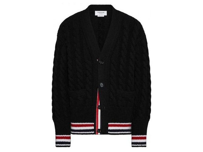 Thom Browne Merino Baby Pullover mit RWB-Streifen und Kabelstrick Schwarz