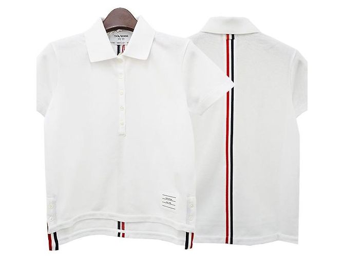 Thom Browne Polo Blanc à Rayures avec Logo Classique au Dos