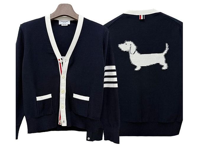 Thom Browne Diagonal Stripe Bar Relaxed Fit Hector Cardigan Navy Blue