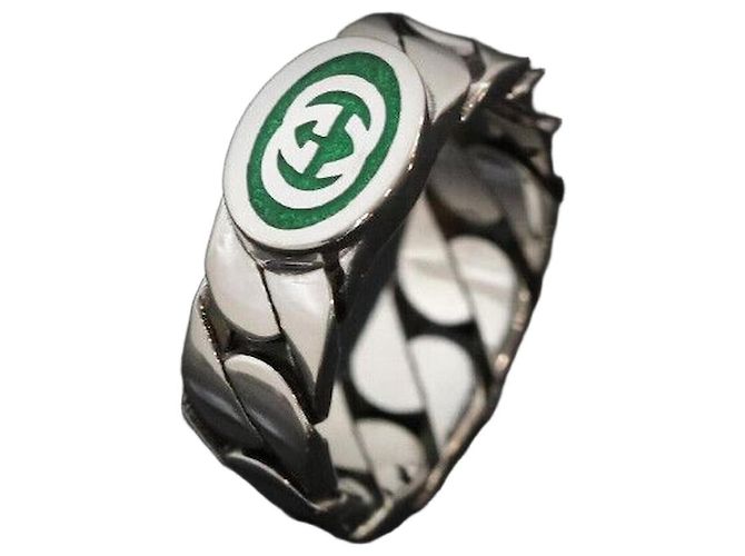 Gucci Verschlungener GG grüner Emaille Silberring Größe