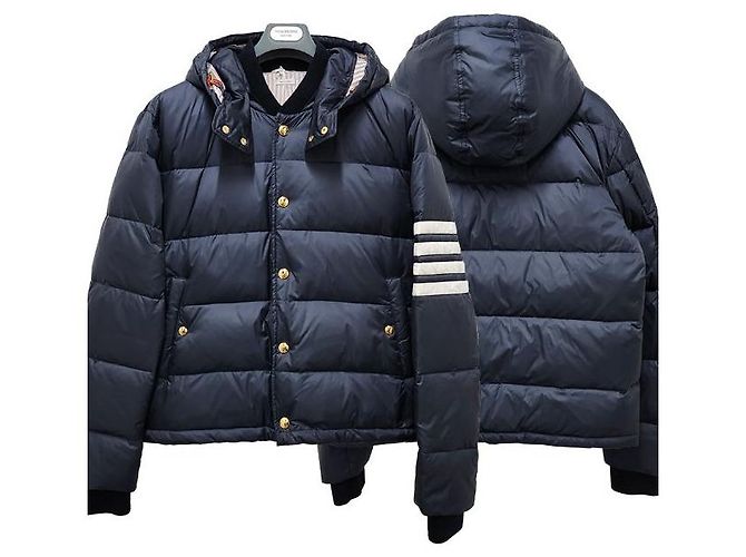 Thom Browne Diagonal Bar Matte Nylon Goose Down Padded Bomber Jacket Navy Blue