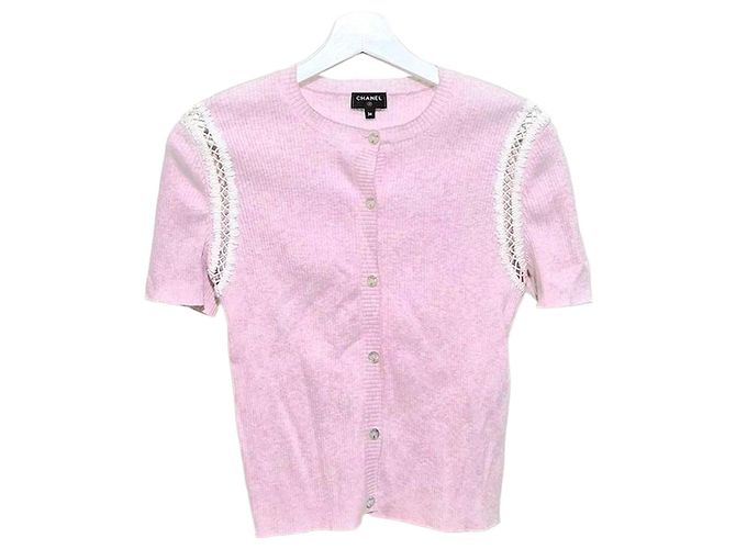 Chanel Cardigã de malha com mangas curtas e acabamento em renda Multicor