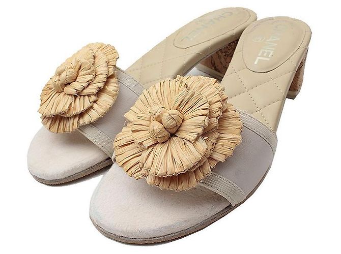 Chanel Straw Camellia Mule Brown