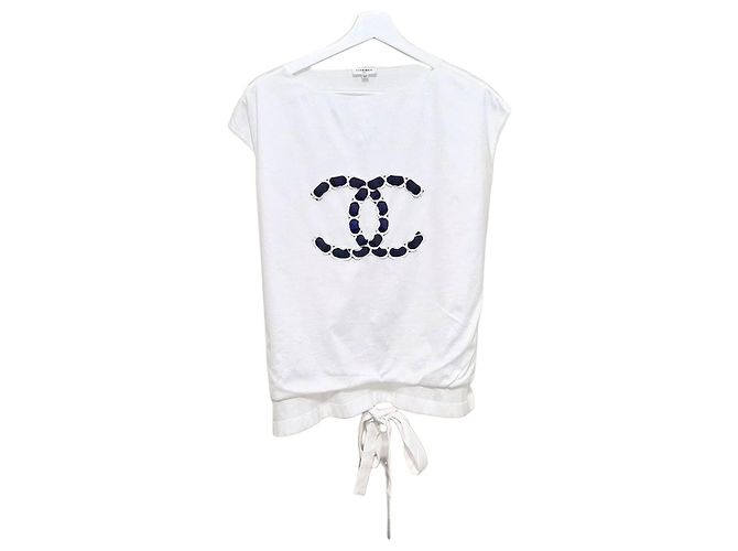 Chanel Camiseta de algodão com logo CC recortado de manga curta Multicor