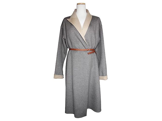 Hermès Belted Gray Cashmere Coat Brown
