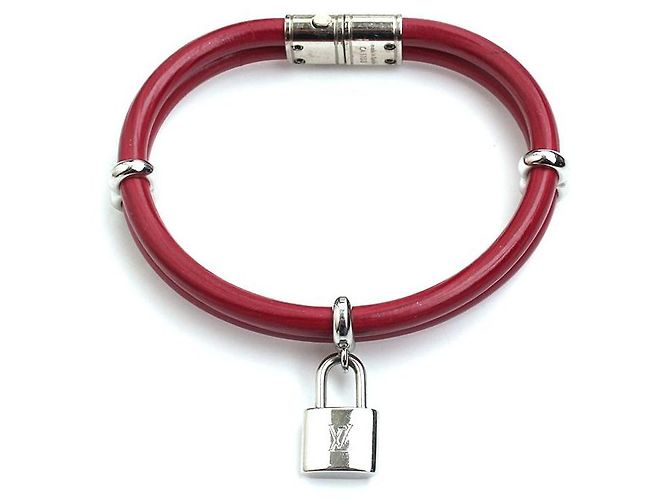Louis Vuitton Pulseira de couro bordô com tom prateado Vermelho