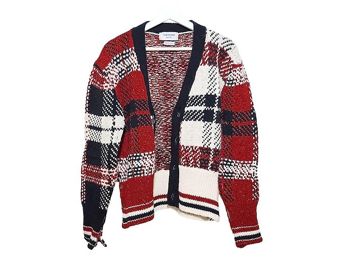 Thom Browne Donegal Tartan Stripe V-Neck Cardigan Red