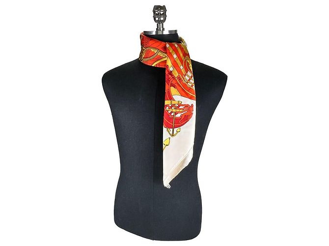 Hermès PROUES Seidenschal Elfenbein Orange Weiß