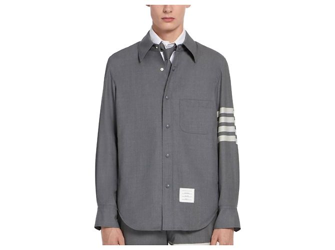 Thom Browne Stripe Plain Woven Wool Snap Button Shirt Jacket