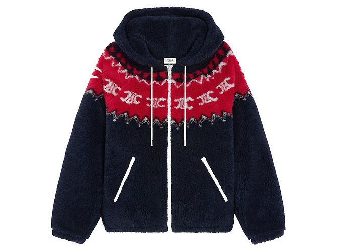 Céline Giacca con cappuccio in pile Fair Isle Triomphe Blu Navy Rosso