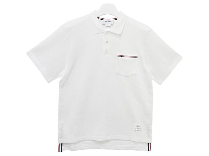 Thom Browne Interlock Polo mit kurzen Ärmeln, Tasche und drei Streifen in Weiß