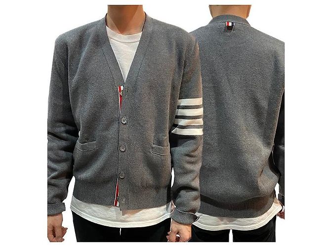 Thom Browne Milano Stitch Overbrand Bar Cardigan Mittelgrau Braun