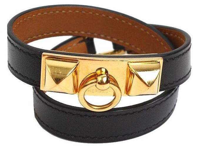 Hermès Pulseira Dupla de Epsom Preto La Medor com Ouro XS Multicor