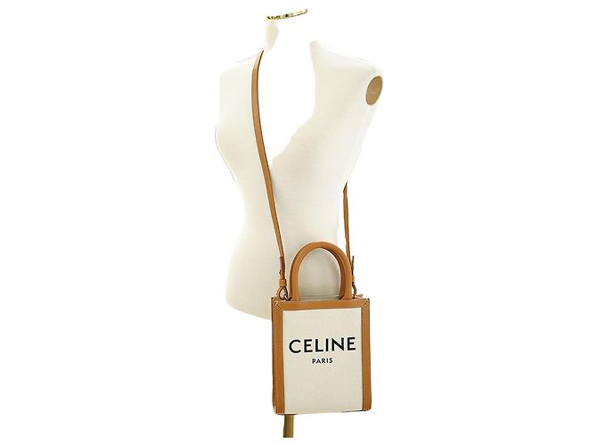 Céline Canvas Vertical Cabas Bag White Brown Leather