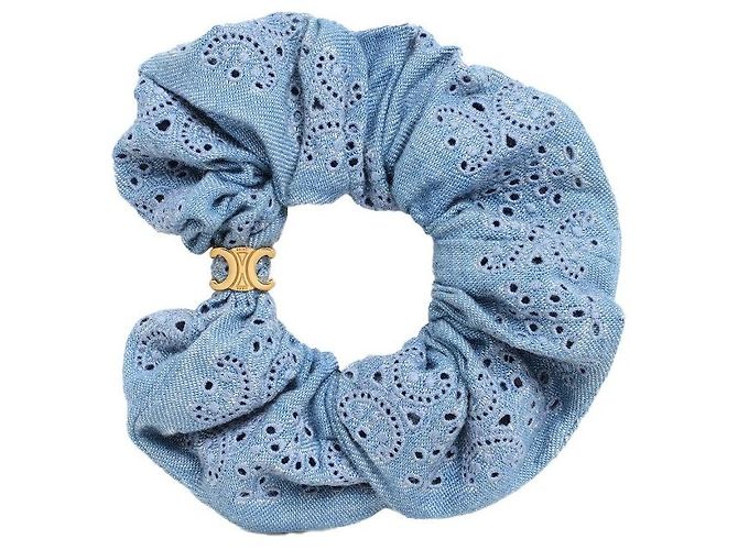Céline Bestickte Scrunchie Messing Gold-Finish Baumwolle Hellblau