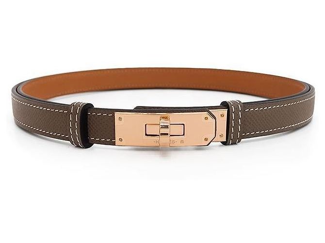 Hermès Cinturón Kelly Etoupe con estampado en oro rosa Multicolor