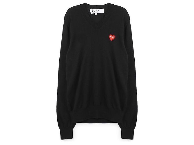 Comme Des Garcons Pull V-neck noir avec strass en forme de cœur rouge
