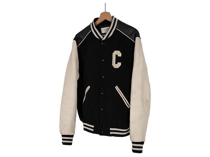Céline Men's Logo Wool Leather Classic Textured Teddy Varsity Jacket White