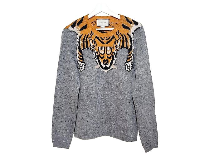 Gucci Tiger-Intarsien-Strickpullover mit langen Ärmeln Braun