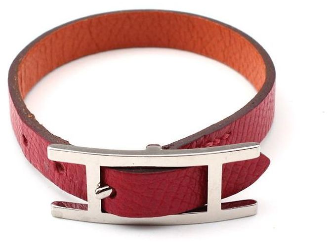Hermès Pulseira Hapi reversível com fivela prateada laranja vermelha Vermelho