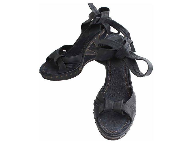 Fendi Indigo Denim Leather Strap Wedge Sandals Black